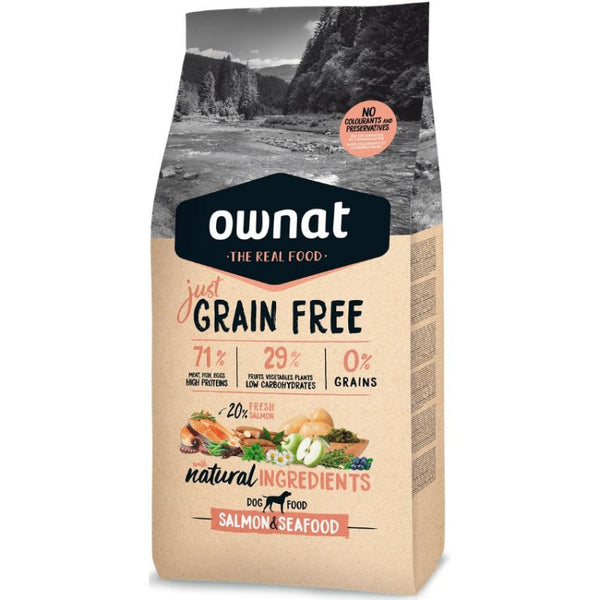 Натурална суха храна Ownat Adult Grain Free Salmon & Seаfood - БЕЗ зърнени култури за пораснали кучета от всички породи, със 71% месо от сьомга и морски дарове