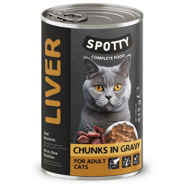 Пълноценна консервирана храна за котки SPOTTY CAT LIVER хапки дроб в сос грейви, с добавени витамини и минерали