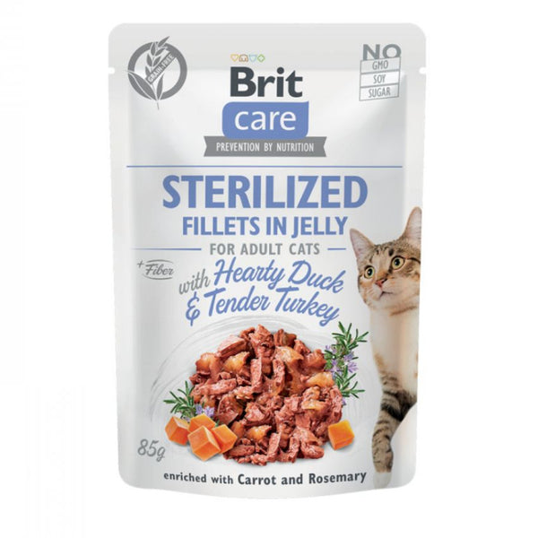 Пауч за кастрирани котки Brit Care Cat Pouch STERILIZED Hearty Duck & Tender Turkey in Jelly с Патешко и Пуешко месо, обогатен с морков и розмарин, БЕЗ ЗЪРНЕНИ КУЛТУРИ
