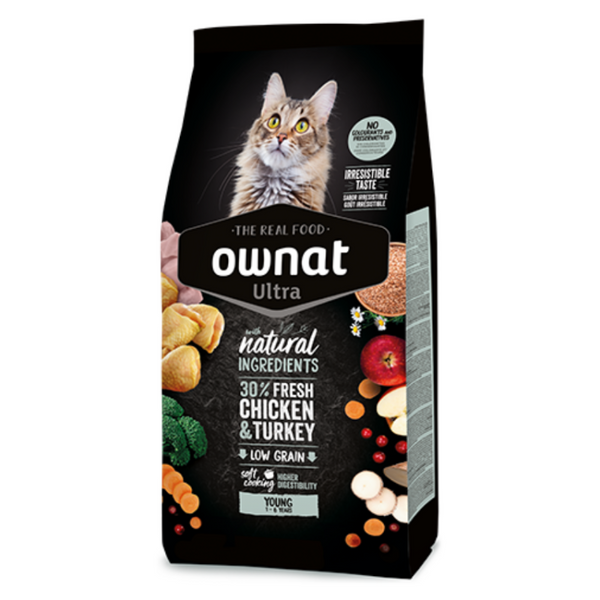 Натурална, пълноценна суха храна за млади котки до 6 години Ownat Ultra young с 30% прясно пилешко и пуешко месо