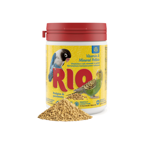 Витамини и минерали подходящи за вълнисти папагали и средни папагали RIO Vitamin and mineral pellets for budgies and parakeets - подпомага имунната система, подобрява зрението, състоянието на кожата и оперението