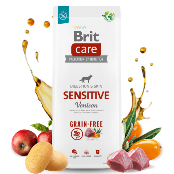 Супер премиум суха храна Brit Care Dog Grain-free Sensitive Venison, Digestion and Skin БЕЗ ЗЪРНО. с прясно еленско месо за капризни кучета от всички породи, за лесно храносмилане с добавен пробиотик