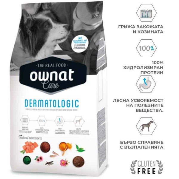 Профилактична храна Ownat Care Dermatologic - за кучета с алергии и кожни проблеми, с хидролизиран протеин от сьомга и крил, обогатена с куркума и масло от пореч
