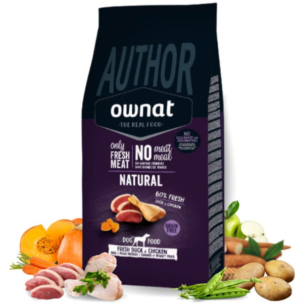 Ултpa пpeмиyм cyxa xpaнa за кучета OWNAT AUTHOR GRAIN FREE FRESH DUCK&CHICKEN cъc 30% иcтинcĸo, прясно патешко месо, 30% пилешко месо, годжи бери и тиква, БЕЗ ЗЪРНЕНИ КУЛТУРИ, подходящ за всяка порода