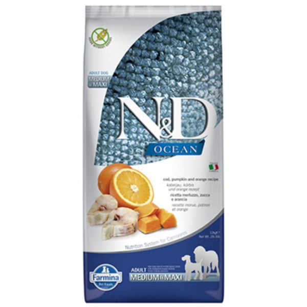Суха храна БЕЗ глутен N&D Pumpkin Adult Medium & Maxi за пораснали кучета от средни и големи породи с тиква, риба треска и портокал