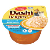 Деликатесен бульон за котки Dashi Delights Chicken with Scallop Recipe с късчета пилешко филе и океански миди