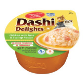 Деликатесен бульон за котки Dashi Delights Chicken with Tuna & Scallop Recipe с късчета пилешко филе, риба тон и океански миди