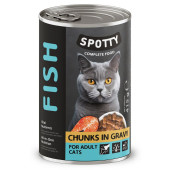 Пълноценна консервирана храна за котки SPOTTY CAT FISH  рибни хапки в сос грейви, с добавени витамини и минерали