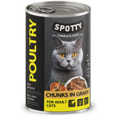 Пълноценна консервирана храна за котки SPOTTY CAT POULTRY пилешки хапки в сос грейви, с добавени витамини и минерали