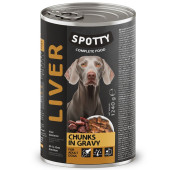 Пълноценна консервирана храна за кучета SPOTTY DOG LIVER черен дроб на хапки в сос грейви, с добавени витамини и минерали