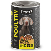 Пълноценна консервирана храна за кучета  SPOTTY DOG POULTRY пилешки хапки в сос грейви, с добавени витамини и минерали