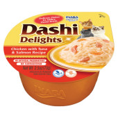 Деликатесен бульон за котки Dashi Delights Chicken with Tuna & Salmon Recipe с късчета пилешко филе, риба тон и сьомга