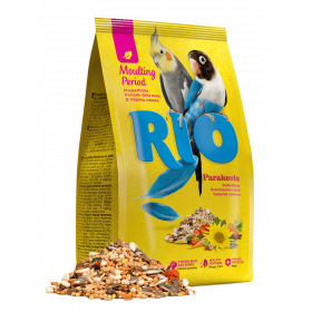 Пълноцена храна за периода на линеене RIO Feed for parakeets Moulting period feed подходяща за средни папагали с шафраново семе, морков и нигерово семе; 1кг + ПОДАРЪК щипка с формата на морков