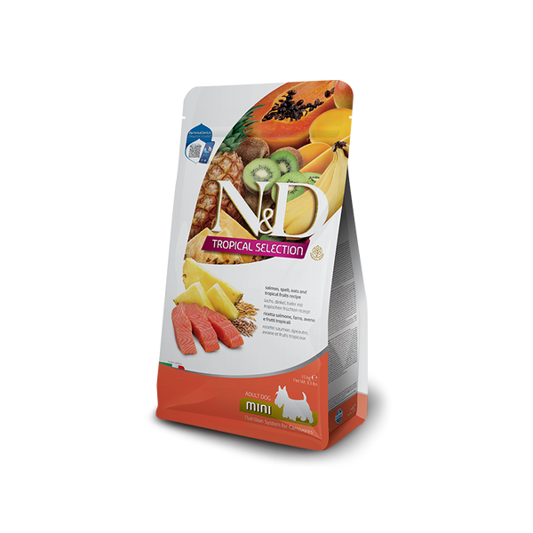 N&D DOG TROPICAL SELECTION SALMON ADULT MINI - Суха храна за кучета над 1 година от дребните породи, със сьомга, спелта, овес и тропически плодове