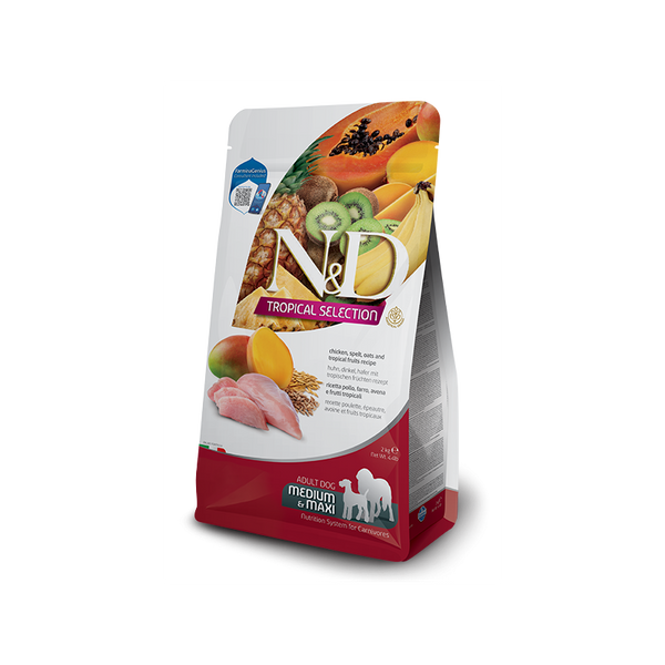 N&D DOG TROPICAL SELECTION CHICKEN ADULT MED/MAX - Суха храна за кучета над 1 година от средните и едри породи, с пилешко, спелта, овес и тропически плодове