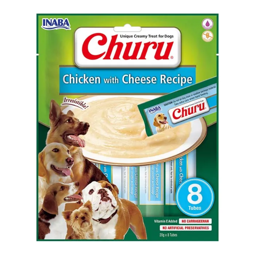 Кремообразно лакомство за кучета  Inaba CHURU 8P Chicken with Cheese Recipe с пилешко месо и сирене, 8 × 20 г