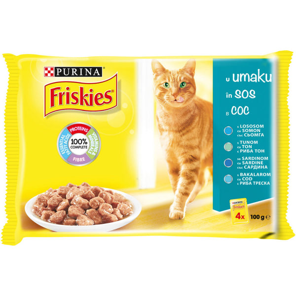 Мултиопаковка Хапки в сос в пауч за котки Purina Friskies Сьомга, Риба Тон, Треска и Сардина 4х85 гр.