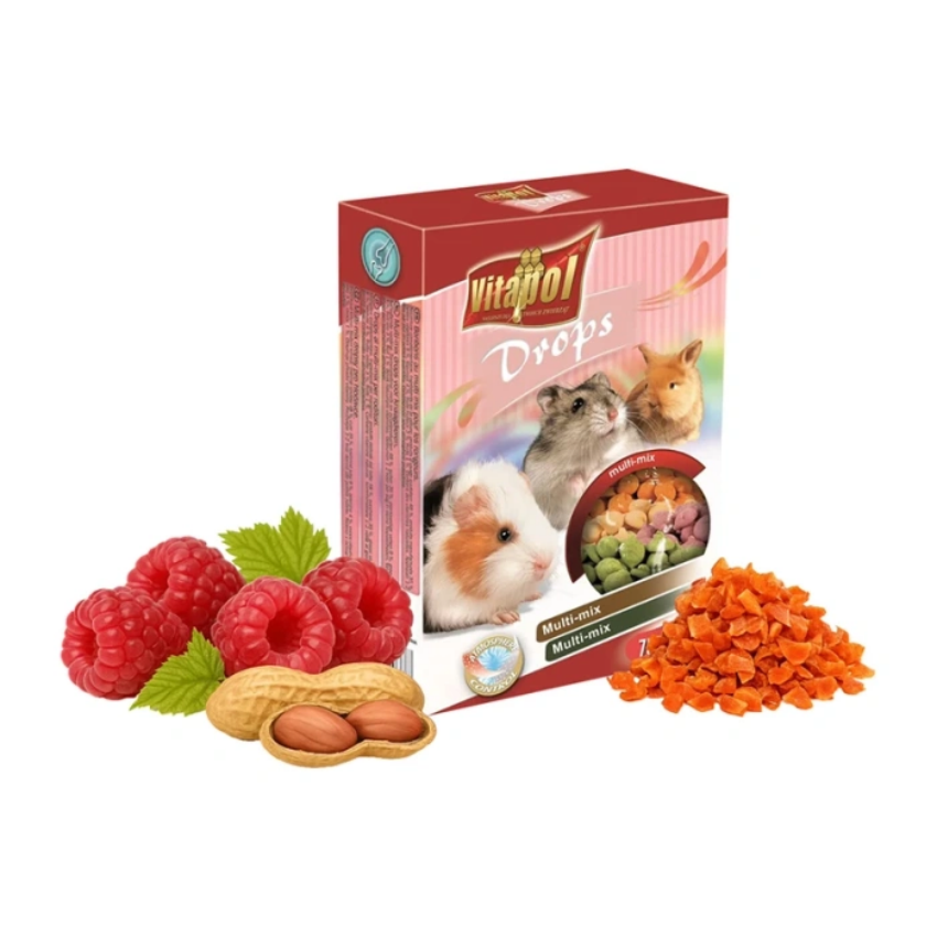 Лакомство за гризачи и зайци DROPS for small animals, mix бонбони с малина и фъстъци