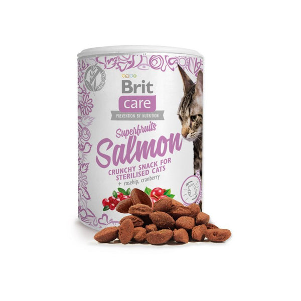 Brit Care Cat Snack Superfruits Salmon - допълваща храна за кастрирани котки със сьомга, шипка и червена боровинка, 100гр.