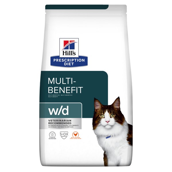 Hills Prescription Diet w/d - диета за състояния като колит, запек, мегаколон и за поддържане на телесно тегло и регулиране на липидния метаболизъм при хиперлипидемия 5 кг.