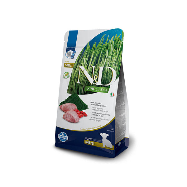 N&D SPIRULINA DOG LAMB & WOLFBERRY PUPPY MINI - пълноценна храна със спирулина за подрастващи кученца от дребните породи, с агне и годжи бери 1,5кг.