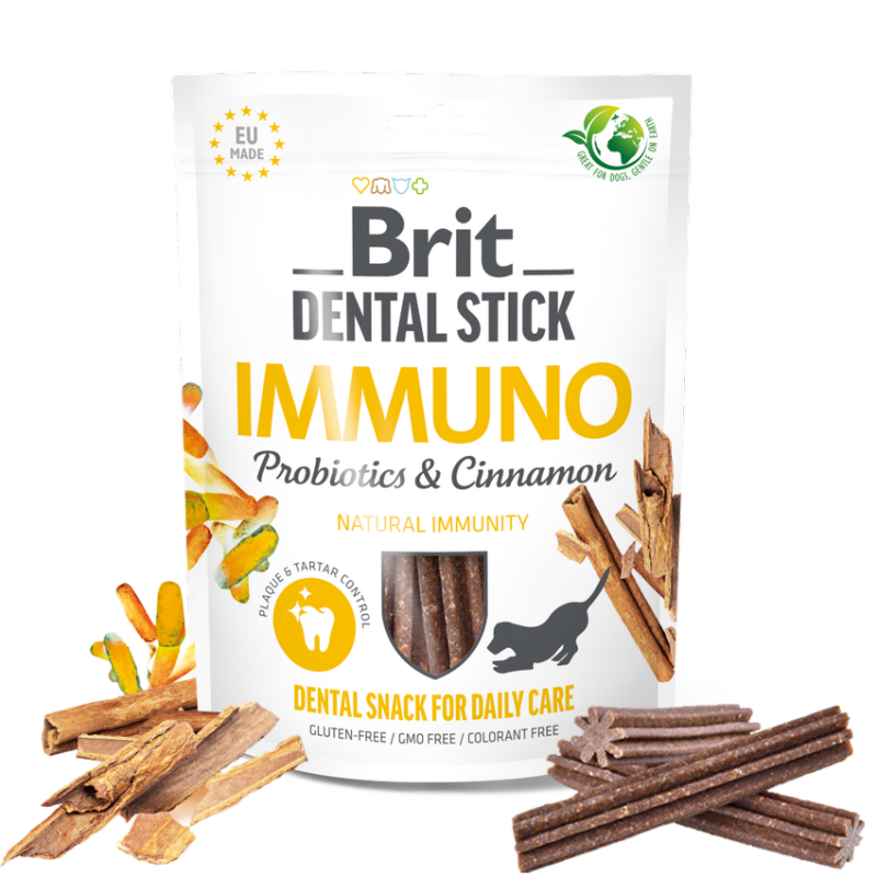 Дентални пръчици Brit Dental Stick Immuno за силен имунитет с Имунопробиотици и канела- 7бр.