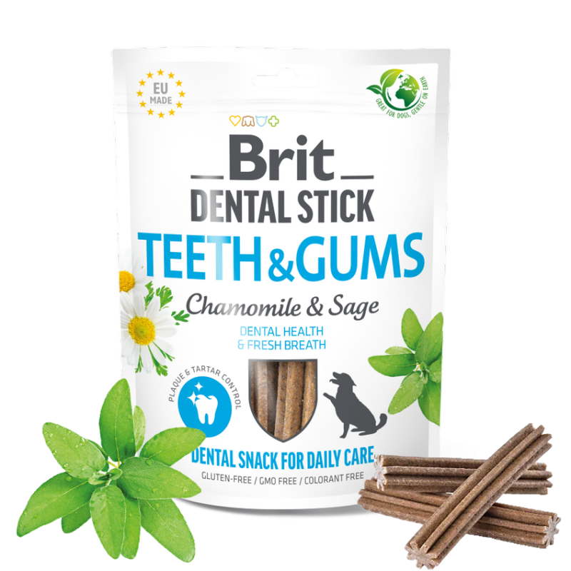 Дентални пръчици Brit Dental Stick Teeth & Gums with Chamomile & Sage с Лайка и градински чай за здрави зъби и венци- 7бр.