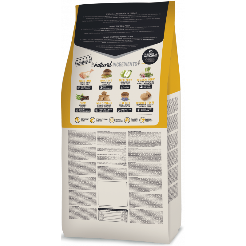 Натурална суха храна Ownat Classic Lamb & Rice с пряснo агнешко месо, за пораснали кучета от всички породи 