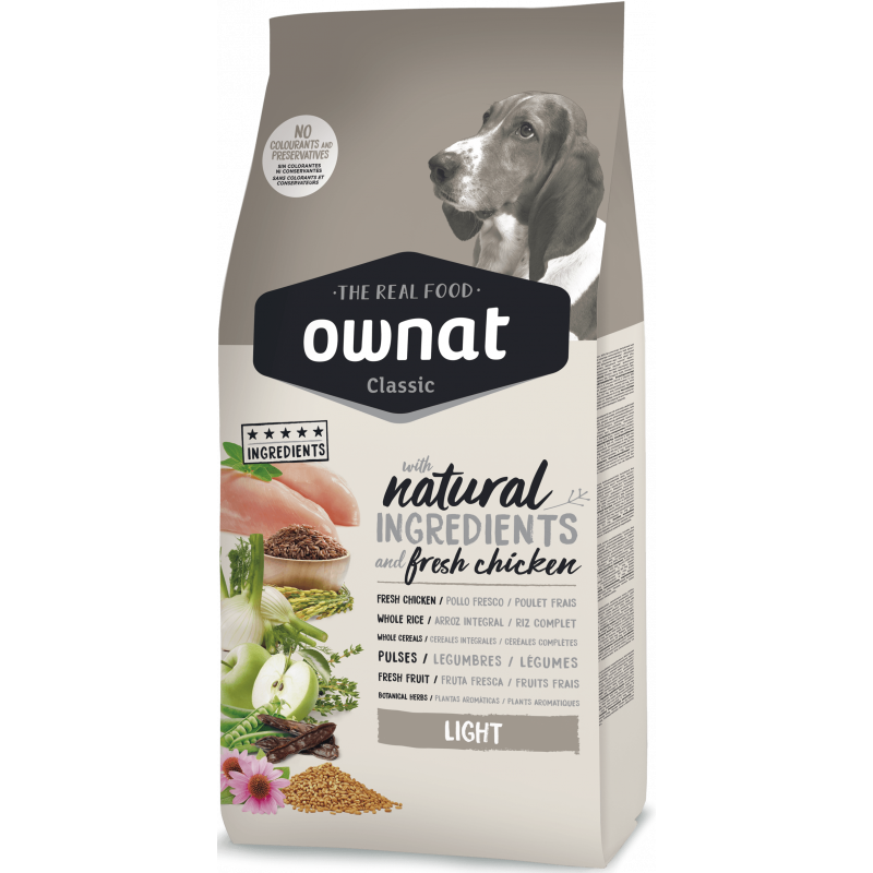 Натурална суха храна Ownat Classic Light с пряснo пилешко месо, за пораснали кучета от всички породи 