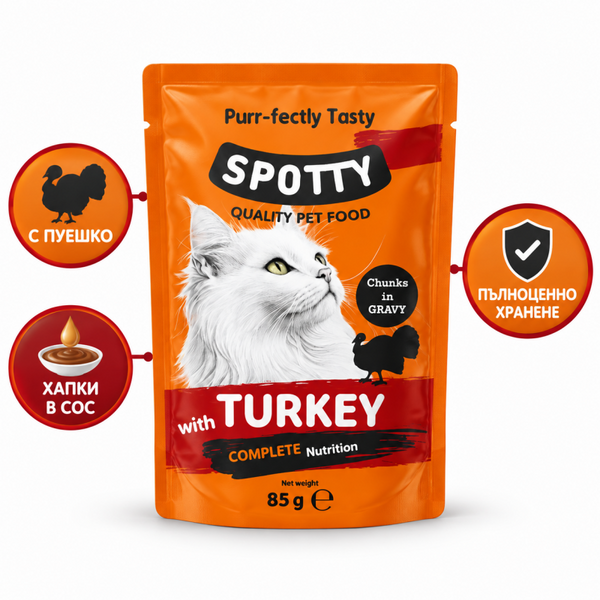 Пълноценна мокра храна за котки Spotty POUCH TURKEY in gravy пауч с пуешки хапки в сос грейви