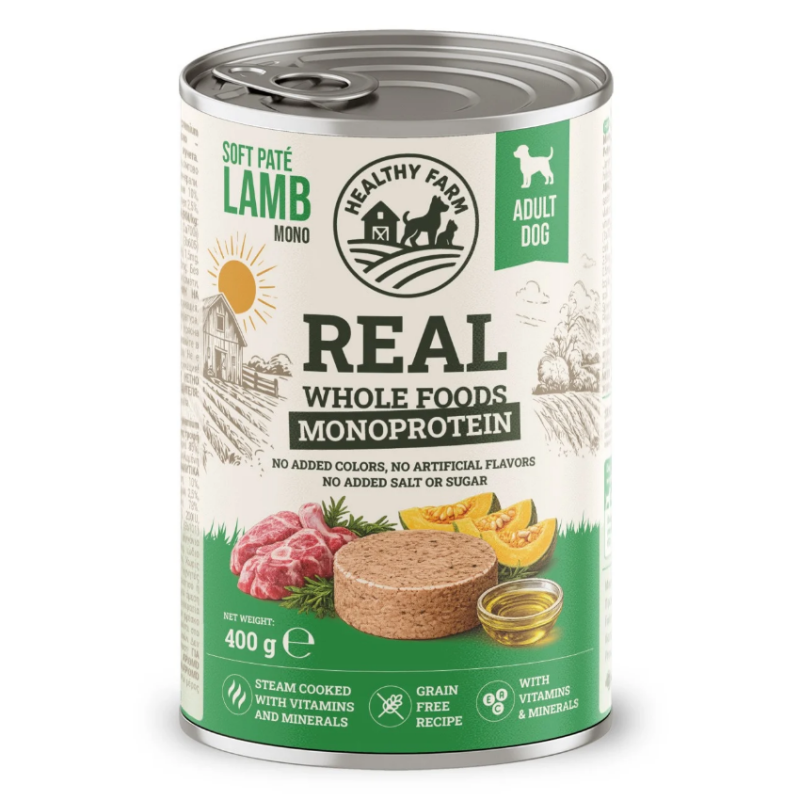 Супер премиум  консерва за кучета Healthy Farm Hypo Mono'  DOG LAMB WITH PUMPKIN монопротеинов пастет от 85% агнешко месо и тиква