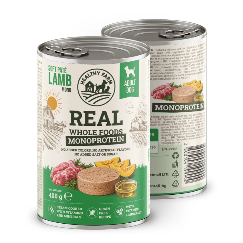 Супер премиум  консерва за кучета Healthy Farm Hypo Mono'  DOG LAMB WITH PUMPKIN монопротеинов пастет от 85% агнешко месо и тиква