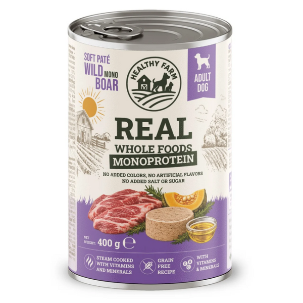 Супер премиум консерва за кучета Healthy Farm Hypo Mono'  DOG WILD BOAR WITH PUMPKIN  монопротеинов пастет от 85% месо от диво прасе и тиква