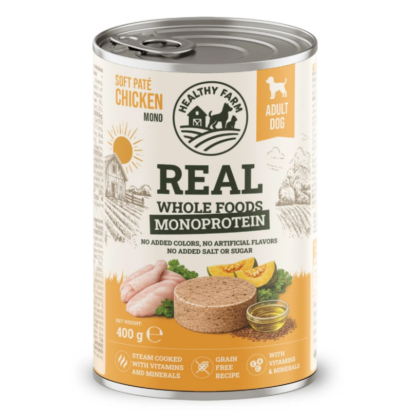Супер премиум  консерва за кучета Healthy Farm Hypo Mono'  DOG CHICKEN WITH PUMPKIN монопротеинов пастет от 85% пилешко месо и тиква