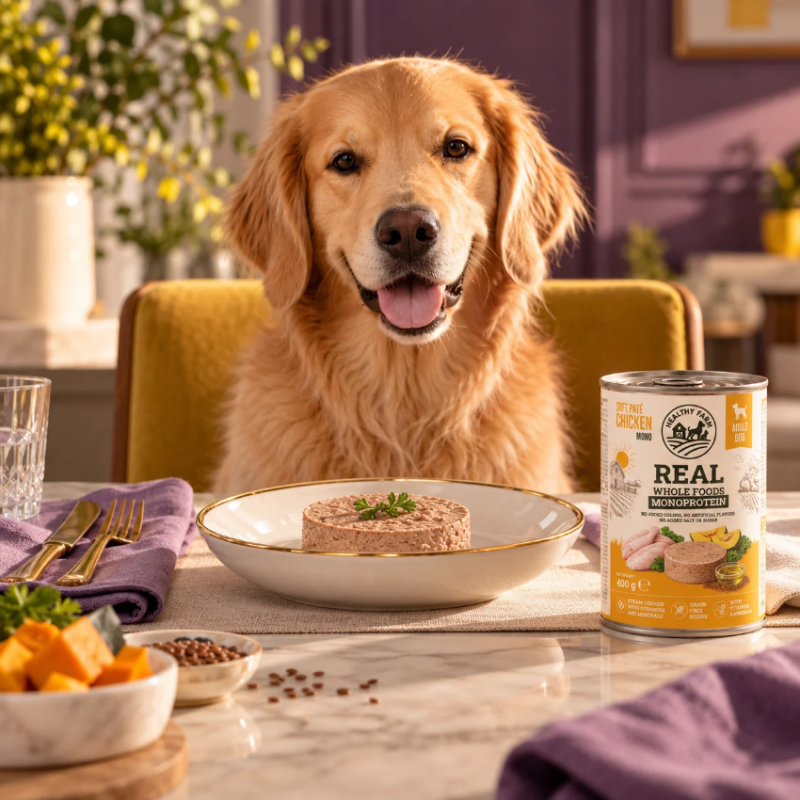 Супер премиум  консерва за кучета Healthy Farm Hypo Mono'  DOG CHICKEN WITH PUMPKIN монопротеинов пастет от 85% пилешко месо и тиква