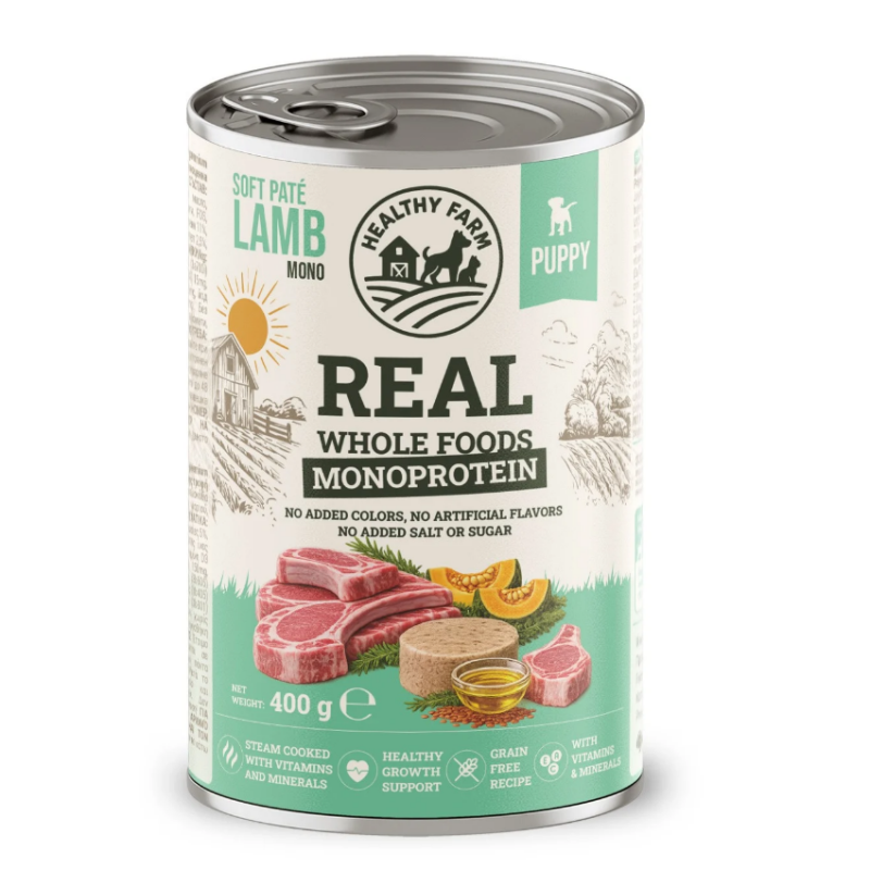 Супер премиум консерва за подрастващи кучета Healthy Farm Hypo Mono'  DOG LAMB WITH PUMPKIN монопротеинов пастет от 85% агнешко месо и тиква