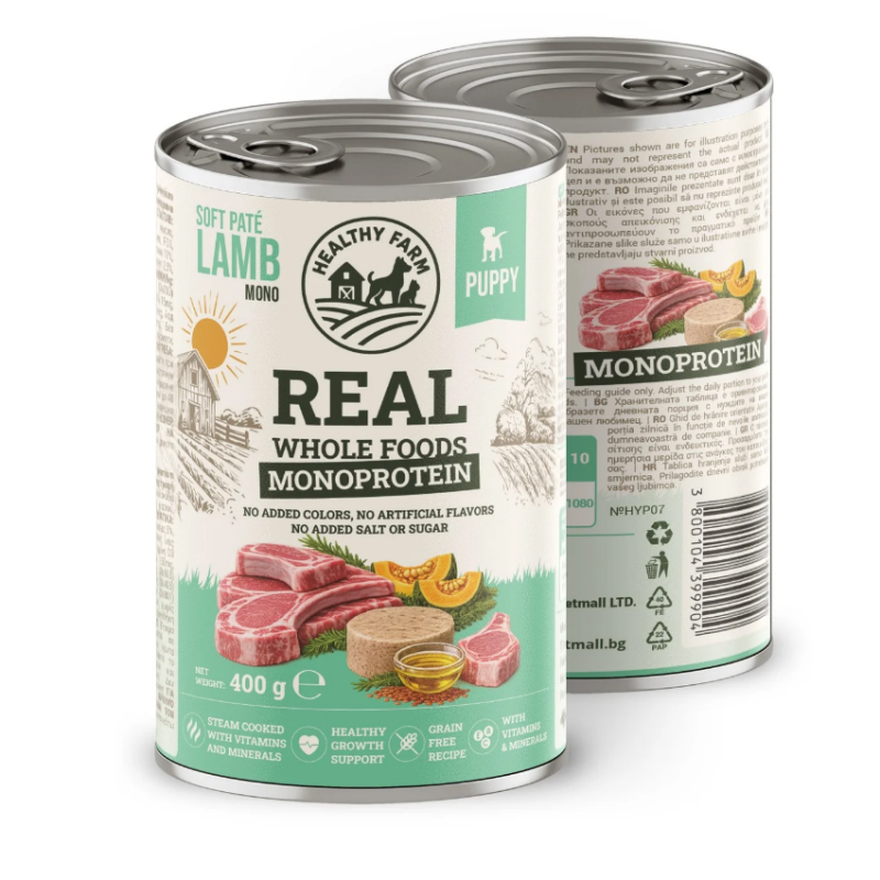 Супер премиум консерва за подрастващи кучета Healthy Farm Hypo Mono'  DOG LAMB WITH PUMPKIN монопротеинов пастет от 85% агнешко месо и тиква
