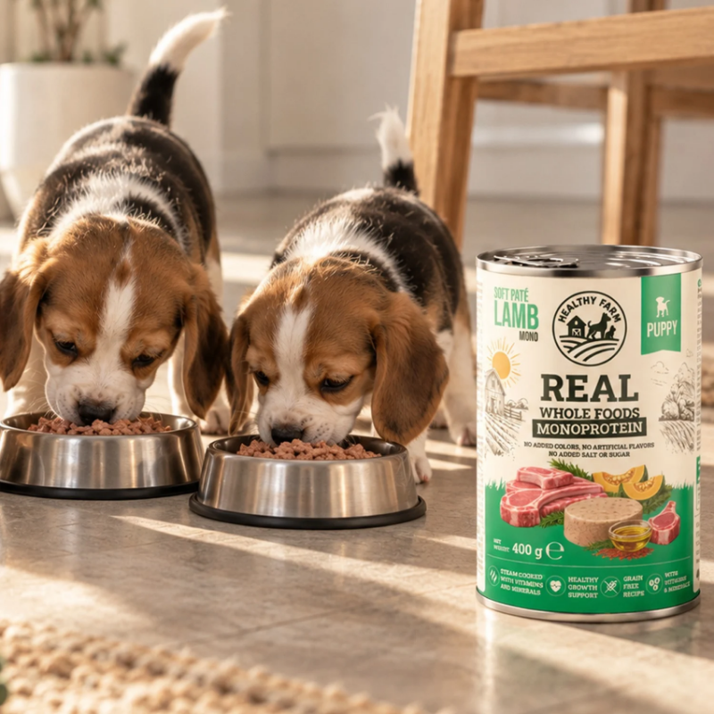 Супер премиум консерва за подрастващи кучета Healthy Farm Hypo Mono'  DOG LAMB WITH PUMPKIN монопротеинов пастет от 85% агнешко месо и тиква