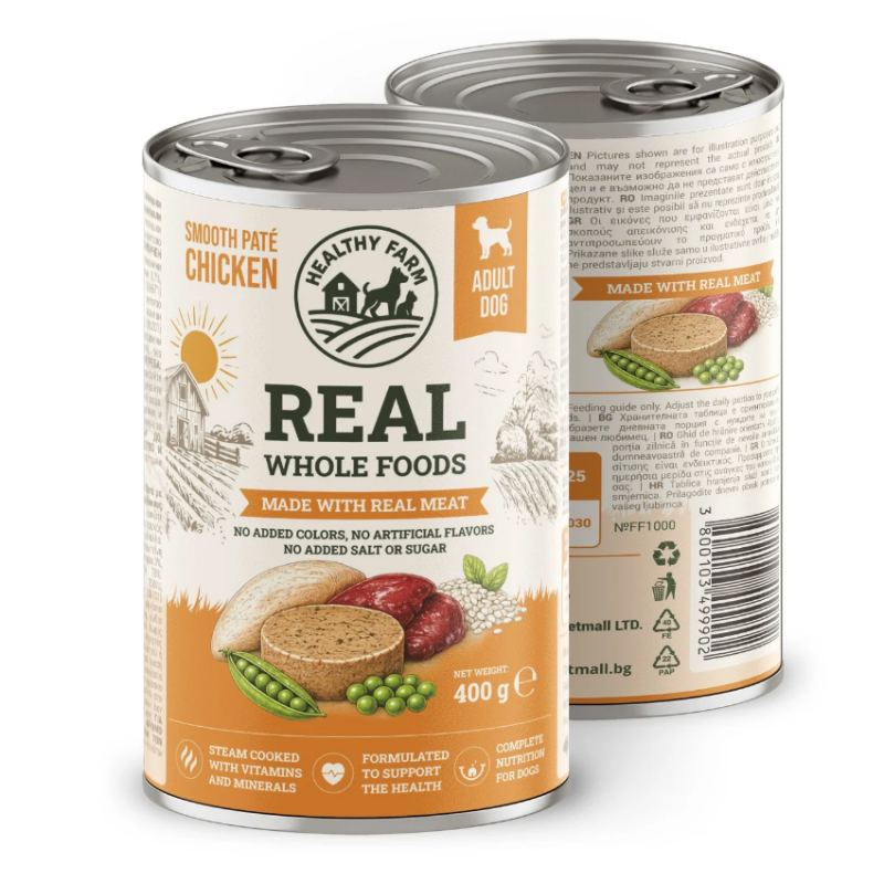 Супер премиум консерва за кучета Healthy Farm SMOOTH PATE' DOG CHICKEN MEAT PATE' фин пастет с 53% пилешко месо