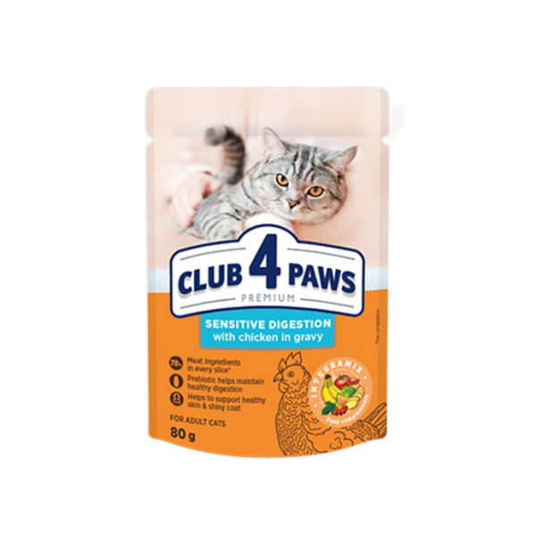 Пауч за котки с чувствително храносмилане CLUB 4 PAWS Premium "Sensitive digestion"с Пилешко месо в сос