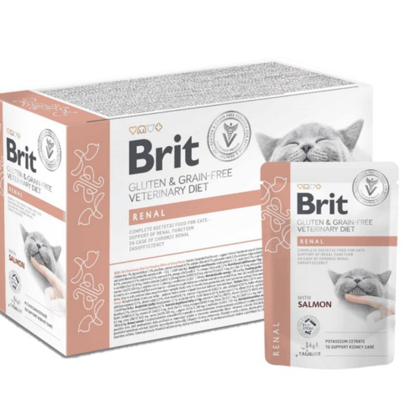 Мокра храна за котки Brit Grain & Gluten-Free VD Cat Pouch fillets in Gravy Renal подходяща като помощ при лечение на хронична бъбречна недостатъчност, филе от сьомга в сос грейви