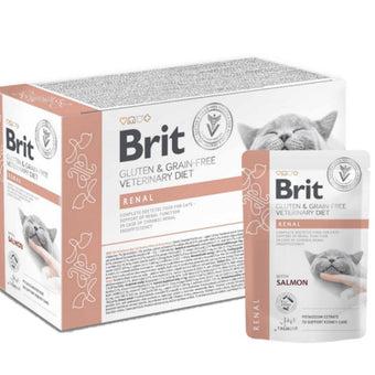 Мокра храна за котки Brit Grain & Gluten-Free VD Cat Pouch fillets in Gravy Renal подходяща като помощ при лечение на хронична бъбречна недостатъчност, филе от сьомга в сос грейви