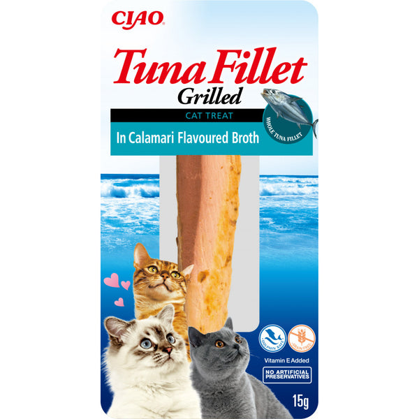 Натурално лакомство за котки Ciao Cat Treats Grilled Tuna Fillet in Calamari Flavoured Broth истинско филе от риба тон, залято с домашен бульон от калмари; №1 в света мокра храна за котки 