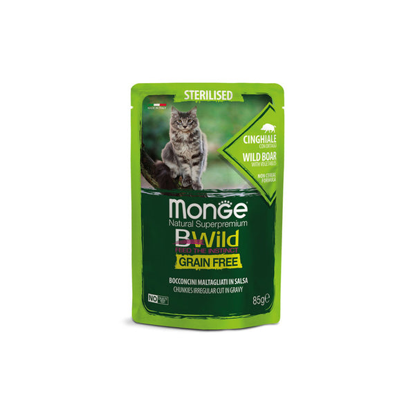 Monge BWILD Grain Free Sterilised с глиганско и зеленчуци – пауч с хапки в сос, без зърнени храни – за кастрирани котки  85 гр.