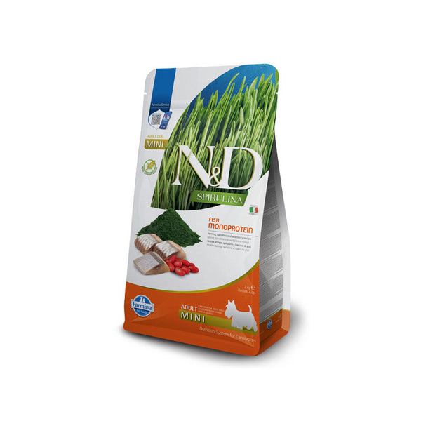 N&D SPIRULINA DOG HERRING & WOLFBERRY ADULT MINI - пълноценна храна със спирулина за кучета над 1г. от дребните породи, с херинга и годжи бери 2кг.
