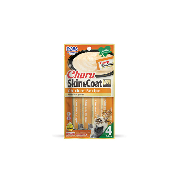 Кремообразно лакомство за капризни котки Churu Cat Treats Skin&Coat Chicken Recipe мус от пилешко месо; №1 в света мокро лакомство за котки 