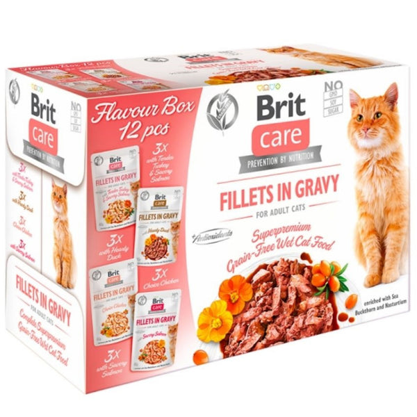 Пълноценна мокра храна за котки Brit Care Cat Delicate fillets in gravy - селекция птичи и рибни филенца в сос грейви
