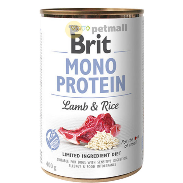 Консервирана храна за кучета BRIT MONO PROTEIN LAMB & RICE - със 72% прясно агнешко месо и 4% ориз