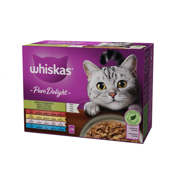 WHISKAS Pure Delight - паучове за котки микс меню - 12 бр. Х 85г
