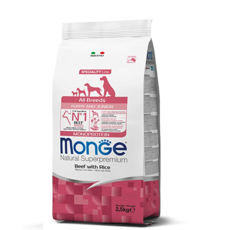Монопротеинова храна за подрастващи кученца от всички породи Monge Natural Superpremium Puppy All breeds Beef & Rice  с телешко и ориз 12кг + подарък контейнер